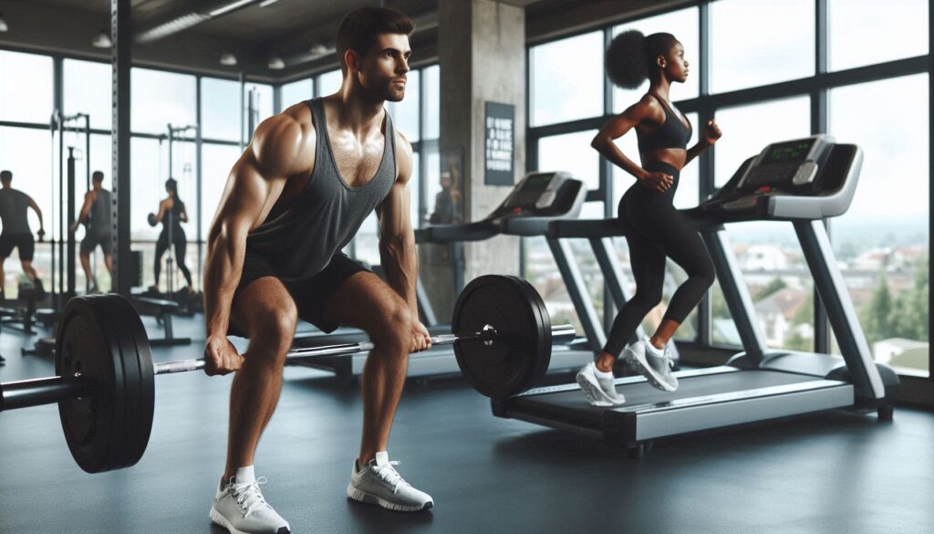 Man Lifting Weights While Woman Uses Treadmill